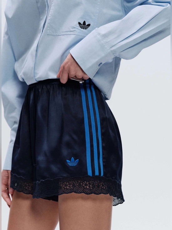 adidas Pants - NWT Adidas Navy Blue Satin Athletic Shorts with Lace Trim
